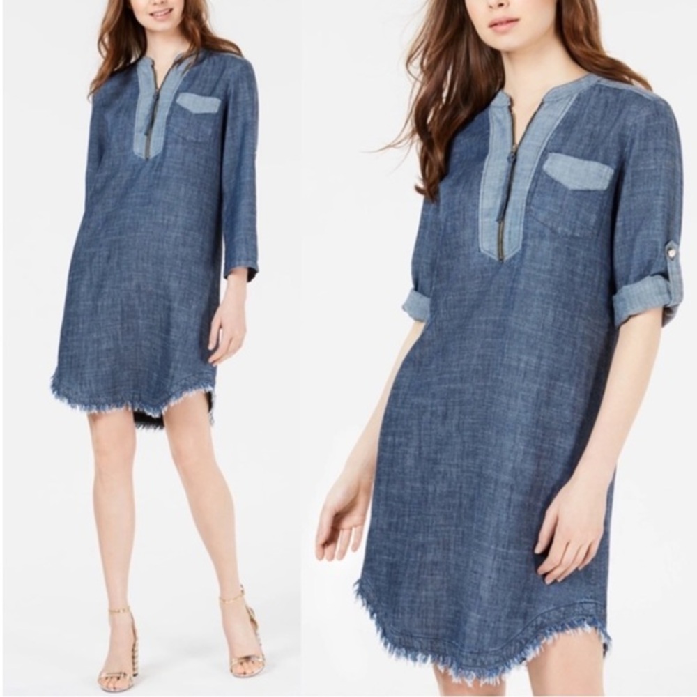 Trina Turk blue chambray kaiko roll tab‎ sleeve mini dress raw hem S